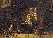 An old kitchen with a mother and two children at the cauldron, Hendrik Valkenburg